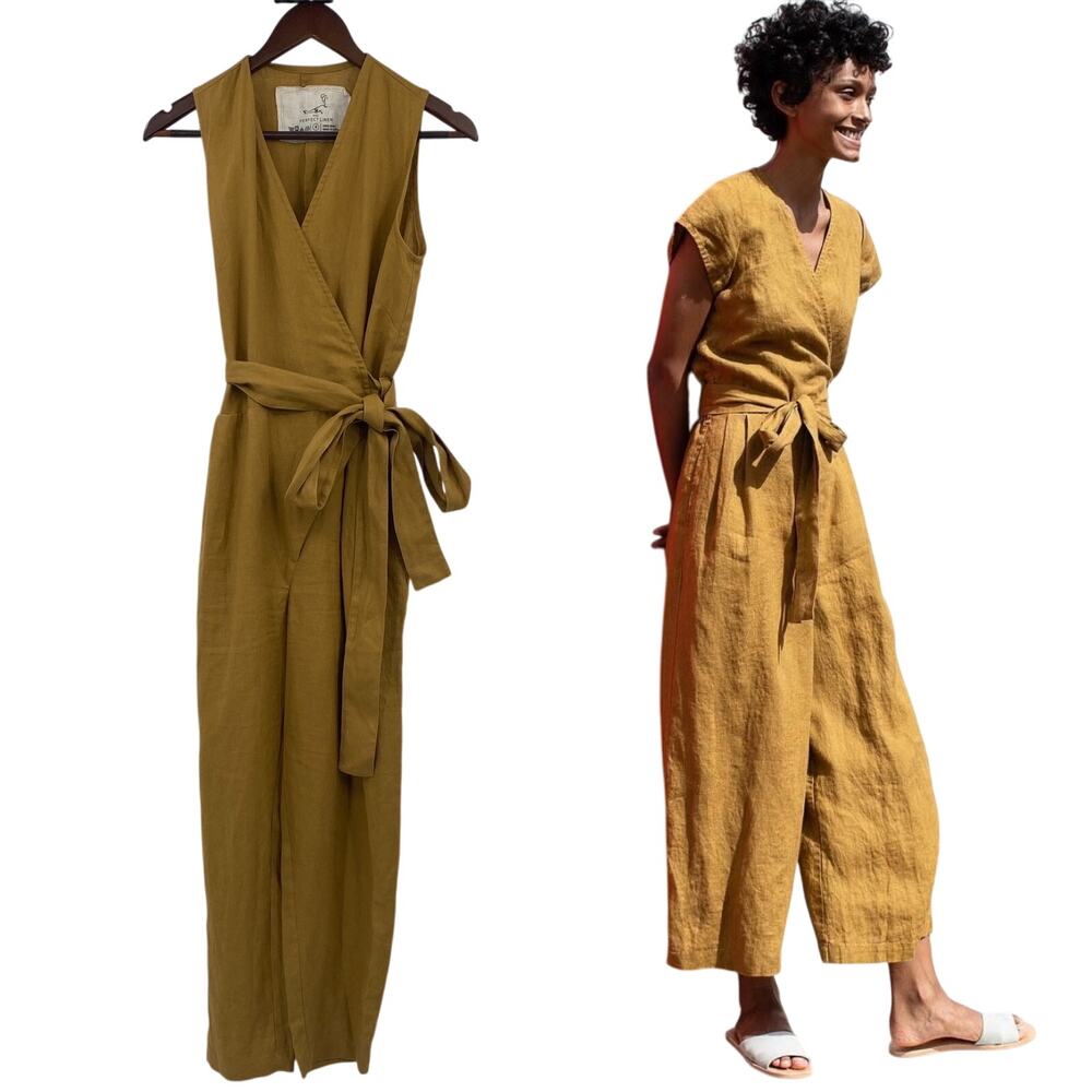 notPERFECTLINEN Mustard Wrap Linen Jumpsuit with Tie Waist